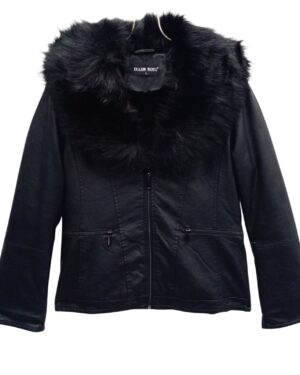 μαύρη δερματίνη κοντή με οικολογική γούνα στον γιακά και εσωτερικά