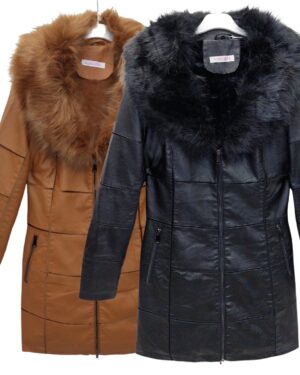 Μακρύ μπουφάν δερματίνης με γαζιά με οικολογική γούνα